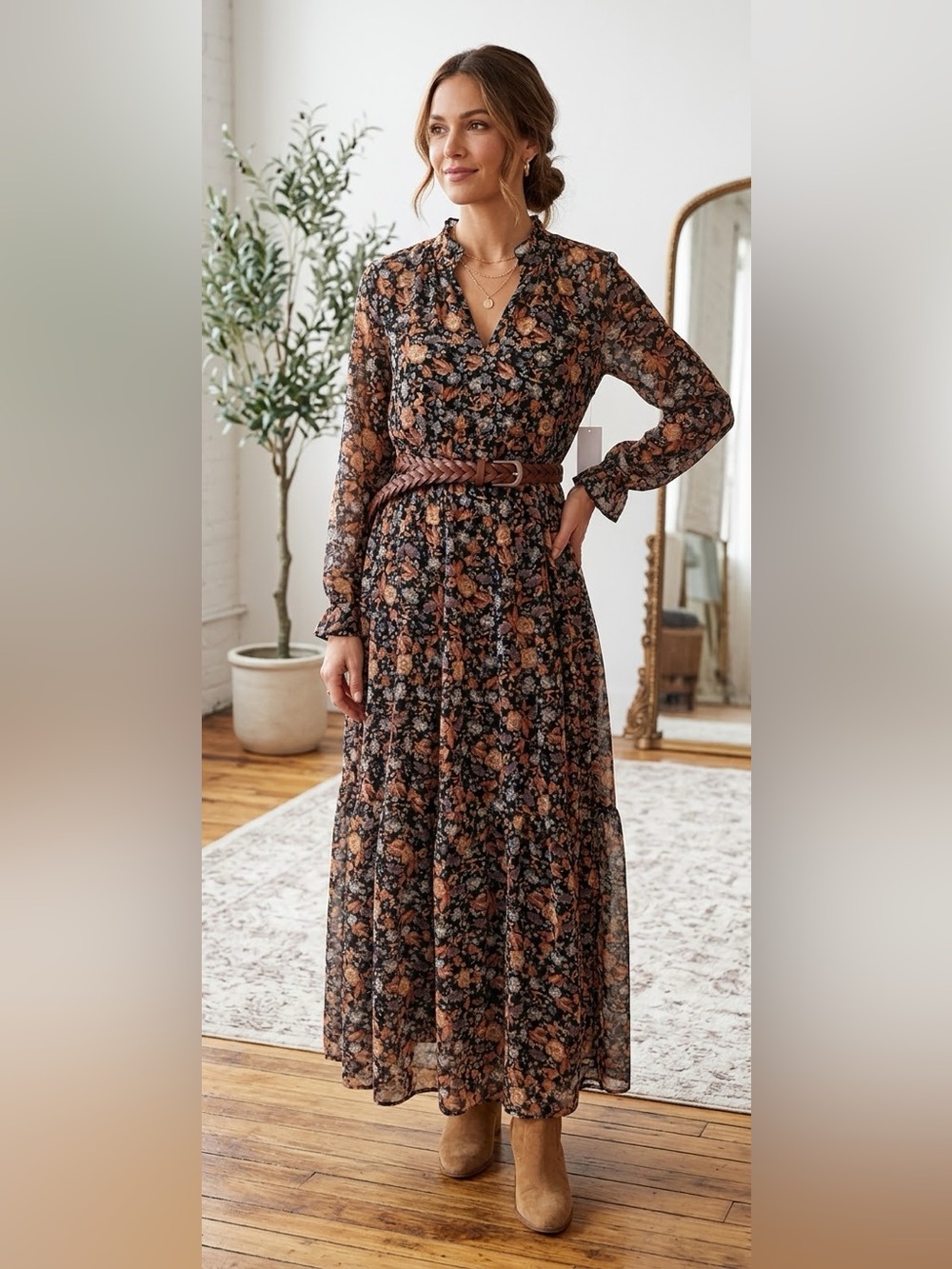 1. State Women's Floral Long Sleeve Maxi Dress - Black and Brown boho medium